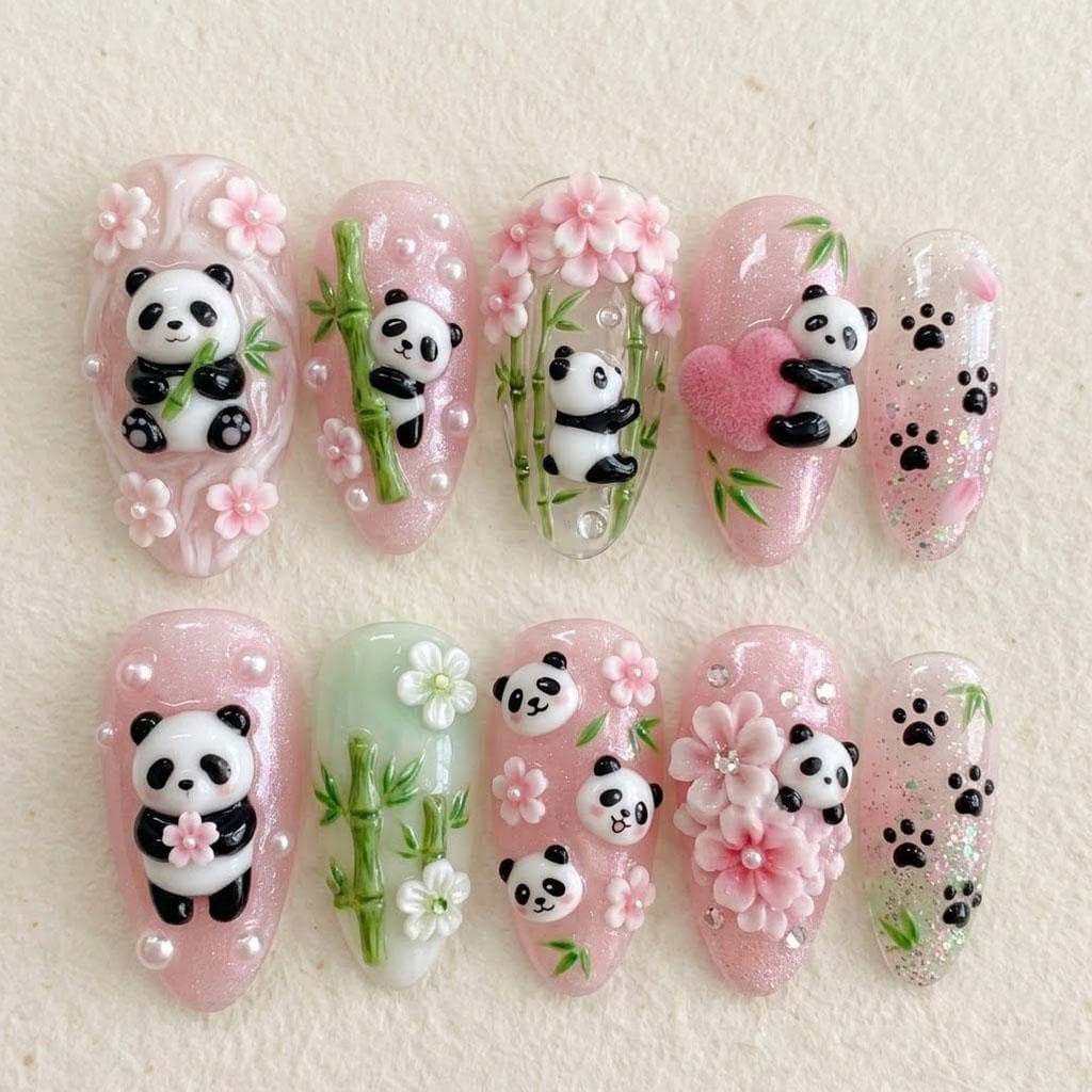 Kawaii Panda Press on Nails / Cute Panda Nails / Pink Cherry Blossom ...