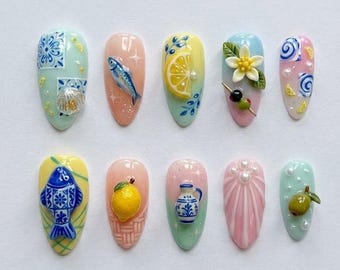 Handmade Mediterranean Press On Nails / Lemon Fish Nail Art / 3D Fruit Nails / Pastel Summer Nails / Cute Coastal Nails