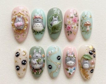 Totoro Presse auf Nägel / Studio Ghibli Nägel / Kawaii Totoro Nägel / 3D Totoro Nail Art / Wald Thema Nägel / Süße Anime Nägel