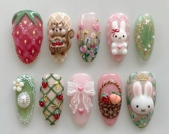 Handmade Bunny Nails / Kawaii Strawberry Press On Nails / Pastel Cute Nails / 3D Animal Nails / Spring Garden Nail Set