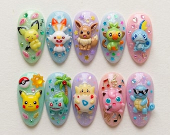 Uñas postizas de Pokémon hechas a mano / Uñas de Pikachu y Eevee / Uñas de anime kawaii / Uñas de personajes 3D / Uñas para gamers en tonos pastel