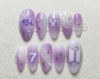 Unghie finte BTS ARMY fatte a mano / Unghie finte Kpop / Unghie sfumate viola / Regalo per fan dei BTS / Set per nail art ispirato agli idol coreani