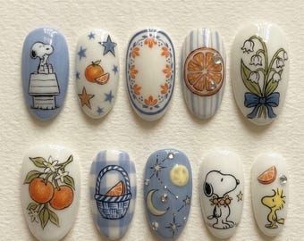 Handmade Cartoon Press On Nails / Snoopy Orange Nails / Cute Character Nails / Kawaii Nails / Blue Aesthetic Nails