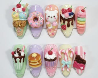 Handmade 3D Dessert Kawaii Press On Nails | Food Sweet Nail Set | Ice Cream, Donut, Pancake and Candy Cane Art