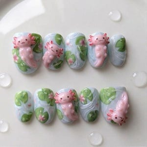 Handmade Axolotl Press On Nails / Cute Kawaii Nails / 3D Animal Nail Art / Pastel Blue Pond Nails / Unique Cartoon Nails