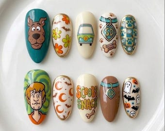Handmade Scooby Doo Press On Nails / Cartoon Character Nail Art / 3D Cute Design / Halloween Nails / Glossy Long Almond