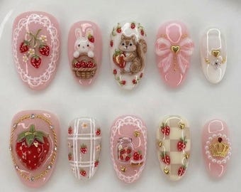 Unghie finte Principessa Fragola / Unghie rosa Kawaii / Unghie 3D carine / Stile civettuolo / Unghie in gel fatte a mano / Design dolce e lussuoso