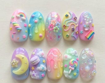 Handmade Kawaii Rainbow Press On Nails / Cute Candy Nails / Pastel 3D Nails / Sweet Colorful Nails / Harajuku Style Nails