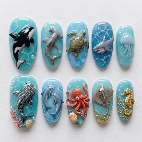Ocean Animal Press On Nails / 3D Sea Creature Nails / Beach Vacation Nails / Dolphin Shark Turtle Nails / Summer Ocean Nails