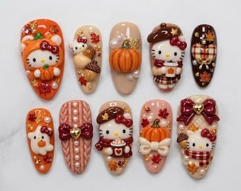 Handmade Thanksgiving Press On Nails | Cute Cat & Pumpkin 3D Fall | Cozy Plaid Bow Design | Warm Brown Orange Autumn