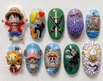Uñas postizas de One Piece / Uñas de Luffy / Uñas de personajes de anime / Uñas 3D / Uñas otaku / Uñas para cosplay / Uñas hechas a mano / Forma almendrada