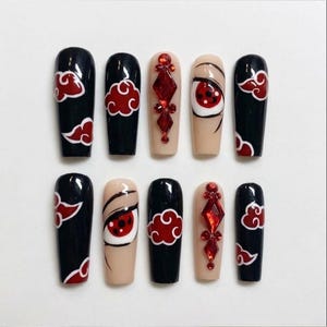 Ręcznie robione paznokcie Akatsuki Press On / Paznokcie Naruto / Wzór Czerwonej Chmury / Paznokcie Sharingan / Czarne paznokcie / Błyszczące / Prezent Anime / Zestaw na zamówienie