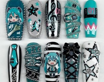 Handmade Hatsune Miku Press On Nails / Anime Music Nail Art / Vocaloid Inspired Nails / Teal Black Trendy Nails / Kawaii Set