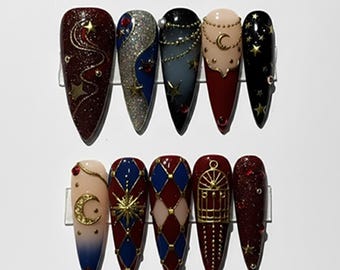Handmade 3D Celestial Circus Press On Nails | Dark Red & Navy Blue Mystic Nail Set | Luxury Gold Moon, Star and Harlequin Art