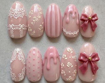 Coquette Pink Lace Press On Nails / 3D Bow Nails / Romantic Pink Nails / Glossy Drip Nails / Feminine Cute Nails Handmade