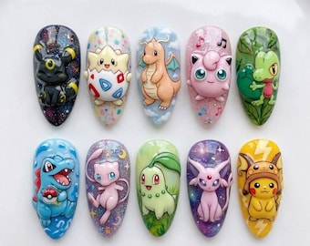 Uñas postizas de Pokémon hechas a mano / Uñas de anime de Pikachu, Eevee y Mew / Set de uñas de arte gamer kawaii