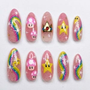 Handmade Super Mario Press On Nails / Cute Rainbow Star Mushroom Design / Pink Glitter Gel Nails / Gamer Inspired Nail Art /Kawaii Nails Set bild 1