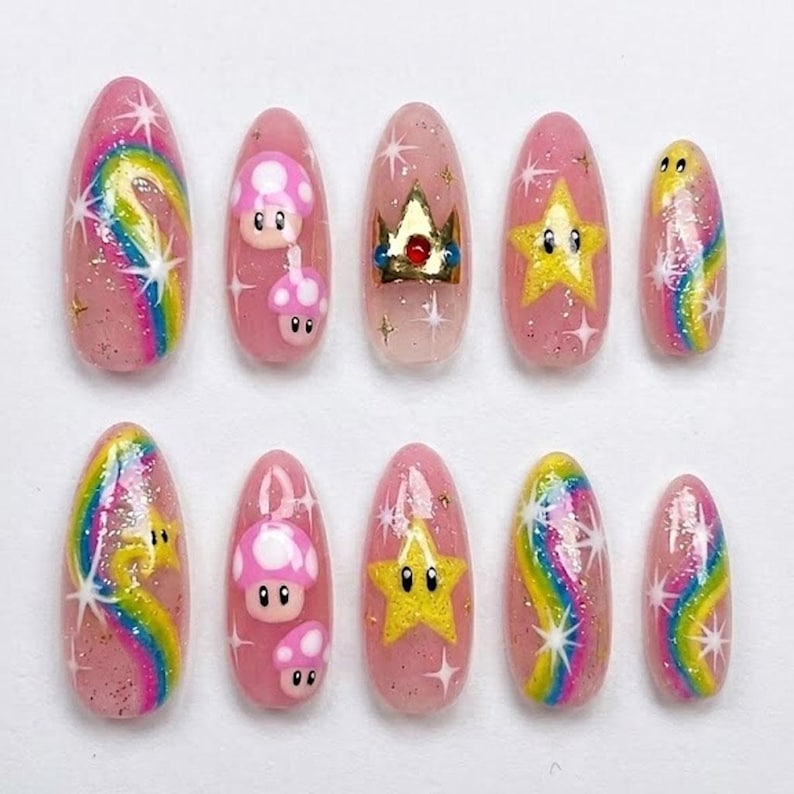 Handmade Super Mario Press On Nails / Cute Rainbow Star Mushroom Design / Pink Glitter Gel Nails / Gamer Inspired Nail Art /Kawaii Nails Set bild 1