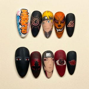 May include: A set of ten almond-shaped, painted nail art designs featuring characters and symbols from the anime series Naruto. The nails showcase various characters in vibrant colors, including Naruto, and other iconic imagery.