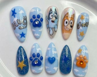 Blaue Cartoon Press On Nägel / Süße Cartoon Hund Nägel / Kawaii Charakter Nägel / Kinder Cartoon Nägel / 3D Pfotenabdruck Nagelkunst