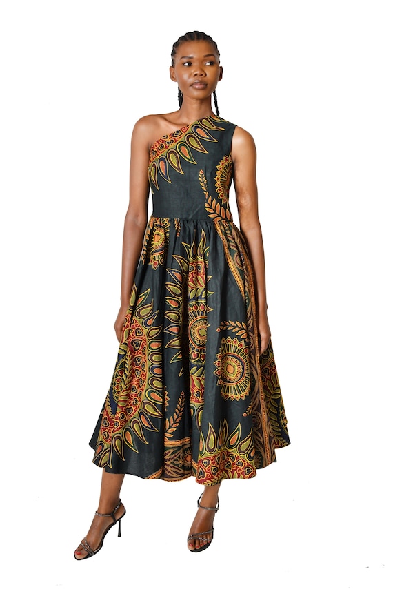 Charcoal and Amber Midi Dress: One-shoulder Cross Bodice - Fit and Flare  Sunburst Print- Handmade - Etsy New Zealand