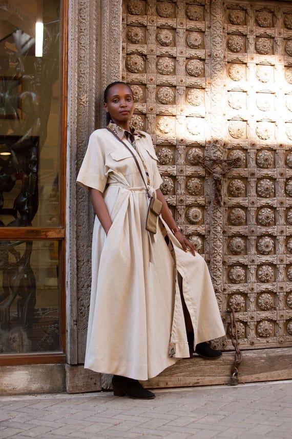 Linen/ Cotton Maxi Dress: Short Sleeves and Pockets, Beige With Kitenge  Accents - Etsy