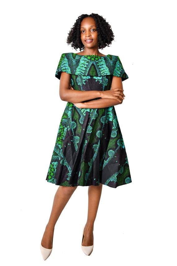 Green Knee Length Dress With Shawl Collar in Cotton Kitenge - Etsy Ireland