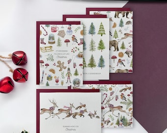 Set of 5 Christmas cards with envelope, hand-painted animals and Christmas elements.