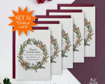 Set of 5 Christmas cards (folded) with envelope, hand-painted animals and Christmas elements.