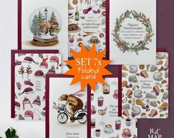 Set of 7 different Christmas cards (folded) with hand-painted animals and Christmas elements incl. envelope