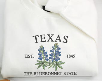 Embroidered Texas Bluebonnet Sweatshirt, State Flower Crewneck, Wildflower Apparel