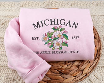 Embroidered Michigan Apple Blossom Sweatshirt, State Flower Crewneck, Floral Hoodie