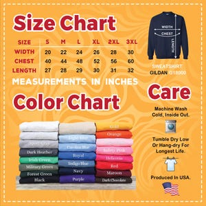 May include: A size and color chart for a Gildan G18000 sweatshirt. The size chart shows measurements in inches for width, chest, and length, ranging from size S to 3XL. The color chart displays various sweatshirt colors, including black, navy, and red.