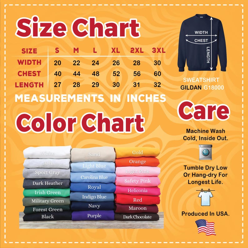 May include: A size and color chart for a Gildan G18000 sweatshirt. The size chart shows measurements in inches for width, chest, and length, ranging from size S to 3XL. The color chart displays various sweatshirt colors, including black, navy, and red.