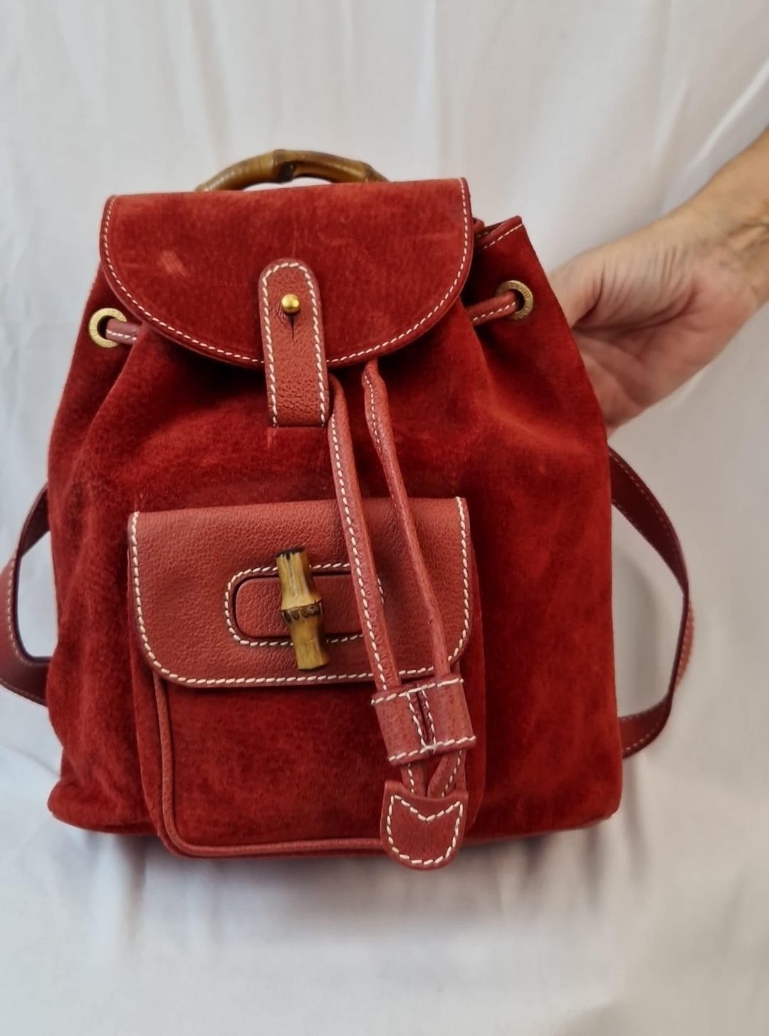 Gucci Vintage Bamboo Backpack in Red Suede - Etsy