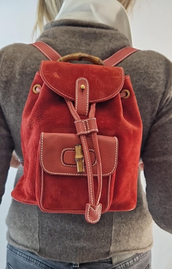 Gucci Vintage Bamboo Backpack in Red Suede - Etsy