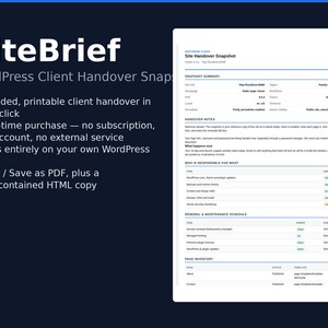 SiteBrief — wtyczka do raportów przekazania klienta WordPress | Zestaw do wydruku i listy kontrolne przekazania witryny | Jednorazowa opłata, bez subskrypcji