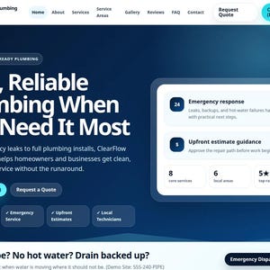 Könnte beinhalten: Eine Website-Startseite für ClearFlow Plumbing Co. mit einem dunkelblauen Verlaufs-Hintergrund, weißem Text und einer Navigationsleiste. Sie zeigt Servicedetails, Notfallinformationen und Schaltflächen für Angebotsanfragen.