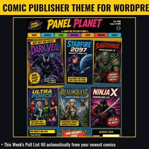 Tema de WordPress Panel Planet para editoriales de cómics, plantilla web retro para tiendas de cómics, compatible con WooCommerce, plugin Editorial Desk.