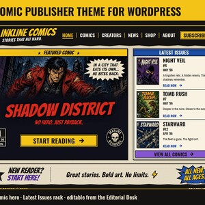 Tema WordPress per editori di fumetti anni '90 Inkline Comics, negozio di fumetti WooCommerce, template per sito web di webcomic, plugin per la gestione di fumetti