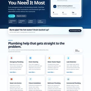 May include: A website landing page for ClearFlow Plumbing Co. featuring a dark blue gradient background, white text, and navigation menus. The layout includes service categories like emergency plumbing, drain cleaning, and leak detection.