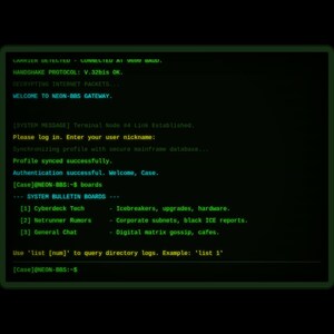 Puede incluir: Una pantalla de terminal de computadora digital con fondo negro y texto verde que muestra una secuencia de inicio de sesión para NEON-BBS GATEWAY. La interfaz muestra mensajes del sistema, una bienvenida y una lista de tableros de anuncios.