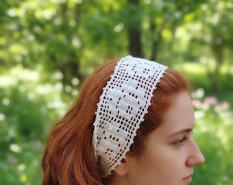Handmade Crochet Lace Headband, Boho Knit Hair Wrap