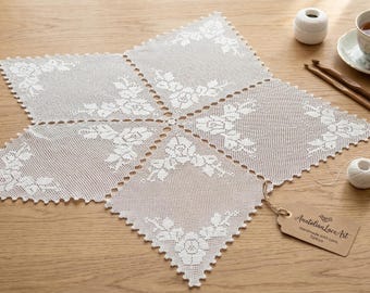Handmade White Crochet Doily, Star Lace Centerpiece, Polyester Floral Table Runner
