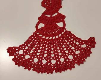 Red Lace Lady Applique, Handmade Crochet Sew On Patch, Victorian Dress Bag Embellishment