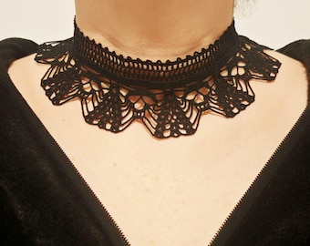 Handmade Black Lace Choker – Elegant Gothic Textile Necklace, One of a Kind Couture Jewelry