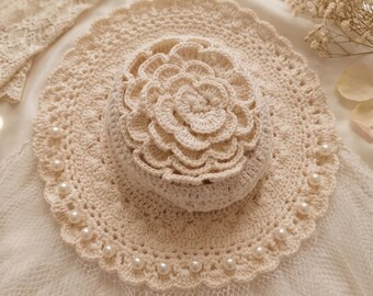 Vintage Crochet Lace Bridal Hat with Pearl Tulle Veil, Civil Wedding Fascinator