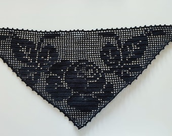 Crochet Pattern PDF: Handmade Black Lace Bandana, Elegant Filet Rose Motif Digital Download Tutorial