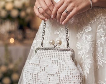 White Crochet Lace Evening Bag | Handmade Pearl Clasp Bridal Clutch Purse