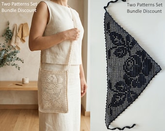 Filet Crochet Pattern Bundle PDF | Rose Bag & Black Lace | 2 Patterns Set | Instant Download